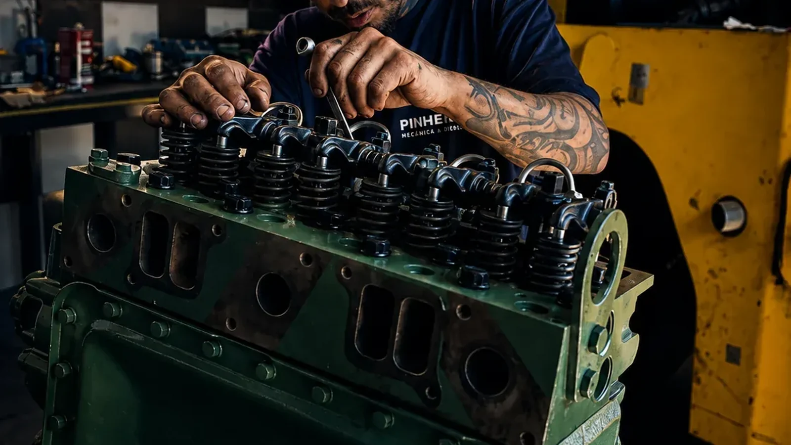 Mecânico trabalhando em motor diesel