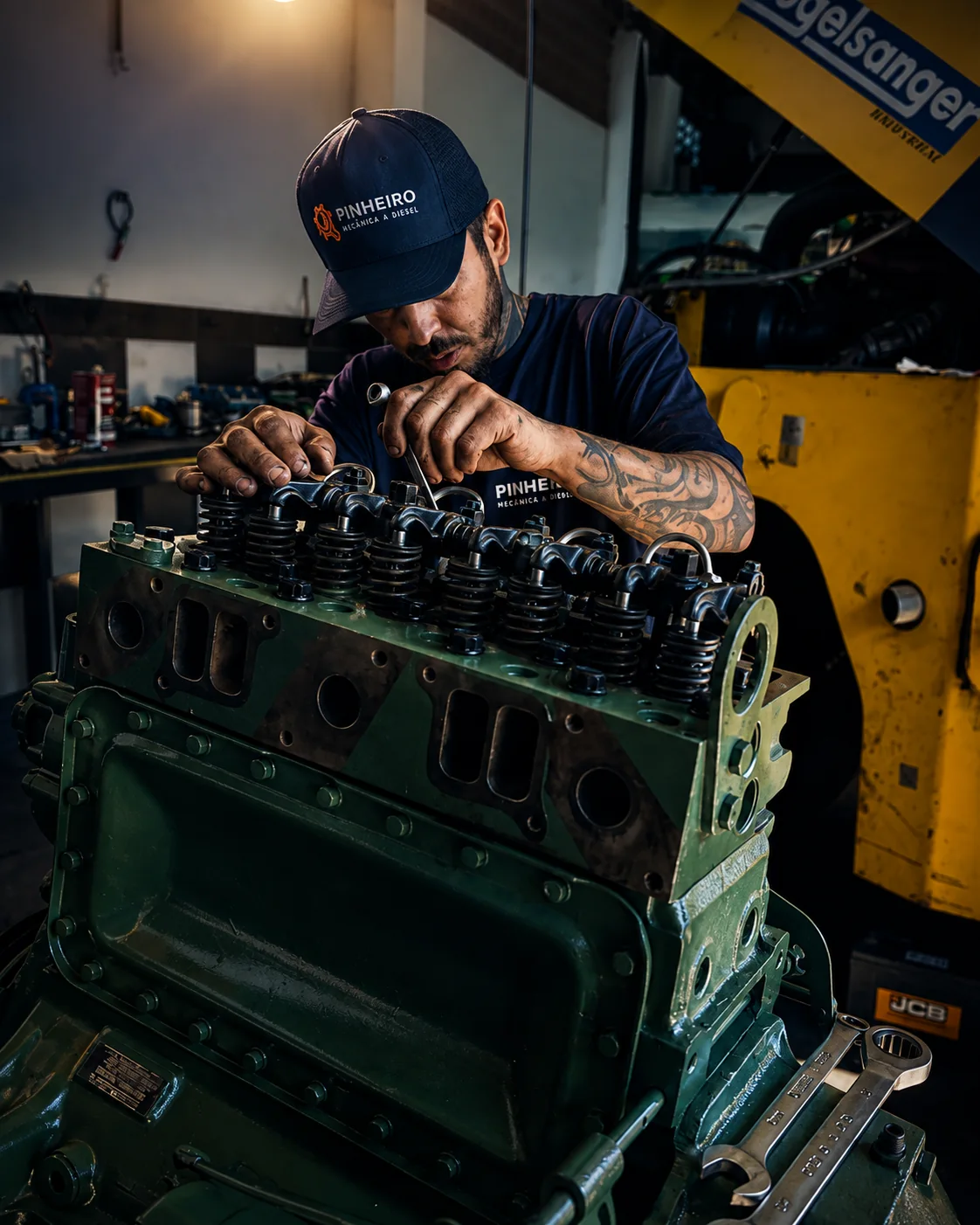 Mecânico trabalhando em motor diesel